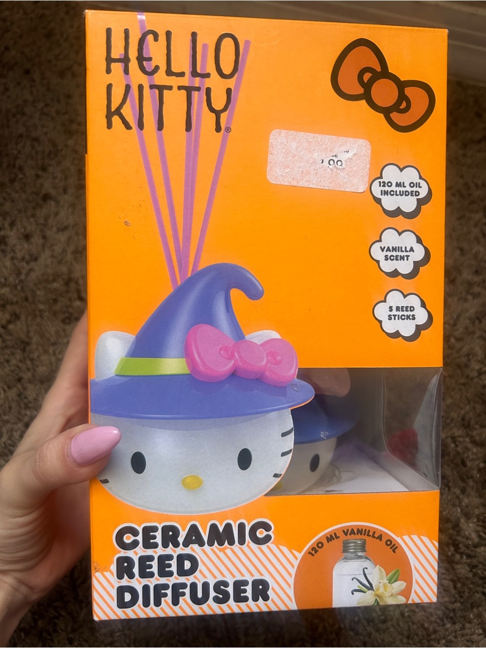 Hello Kitty Ceramic Reed Diffuser — Orange Box with Purple Hat & Pink Bow